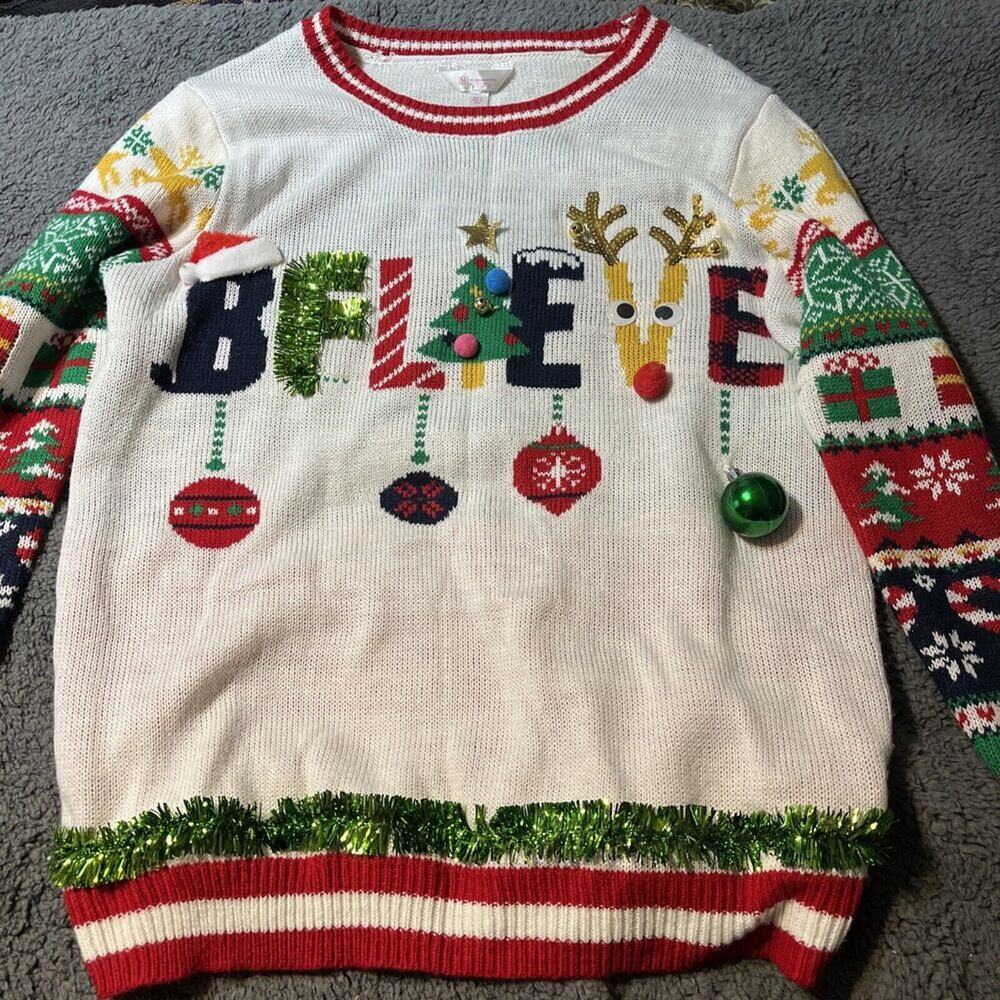 NoBo Christmas Ugly Sweater Juniors Xl Tacky Believe Balls Bella White